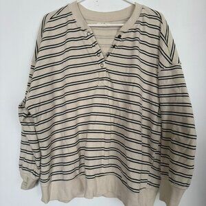 Maurices Striped Henley Pullover | Cream & Black | Size 1X | Cozy Oversized Swea